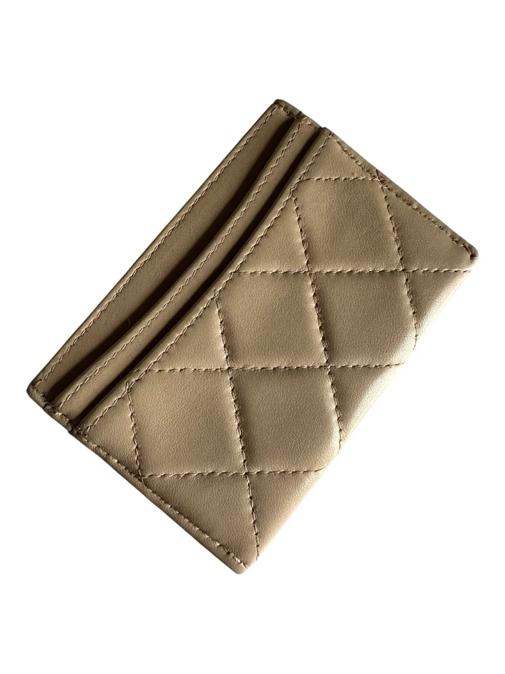 CHANEL Beige Quilted Lambskin Classic Card Case Gunmetal CC Logo Box
